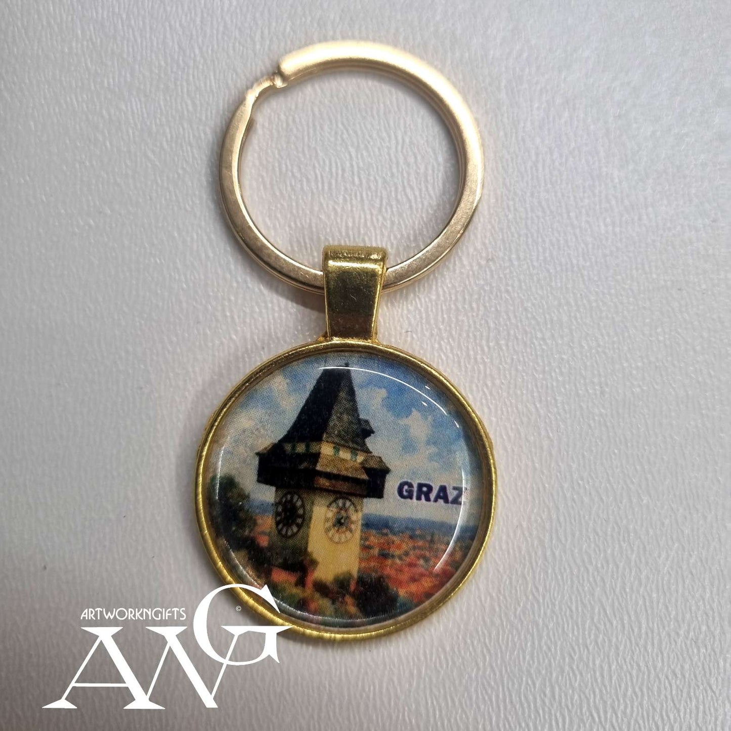 Graz Austria Uhrturm Handmade necklace keychain 25 mm gold