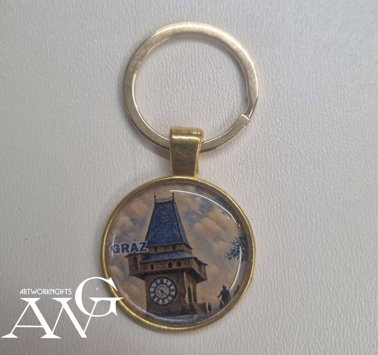 Graz Austria Uhrturm Handmade necklace keychain 25 mm gold
