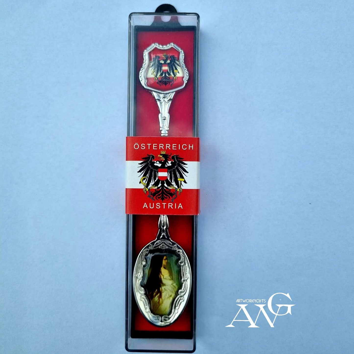 Zierlöffel Metall "Osterreich Wappen" und Epoxybild "Sisi", 13cm, in Plastikbox