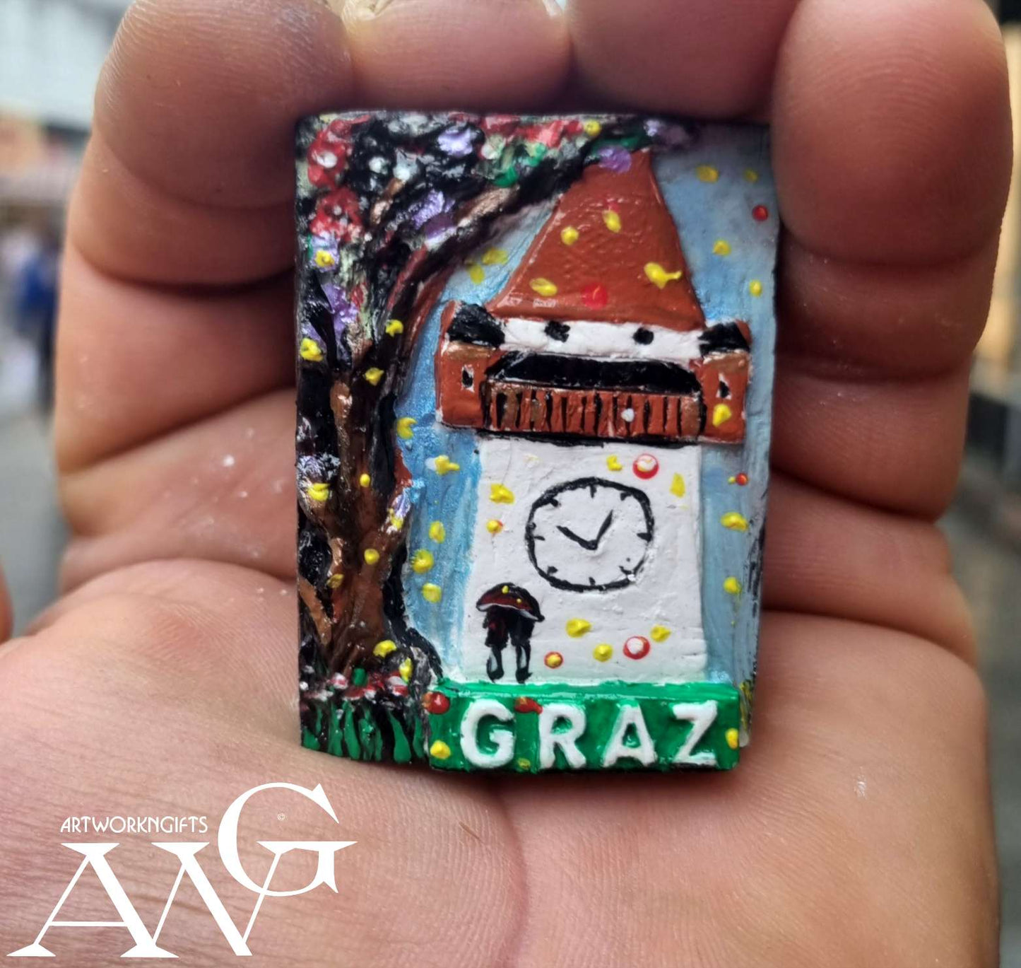 Grazer Uhrturm 100 % handgemachter Kühlschrankmagnet, 41 × 55 mm