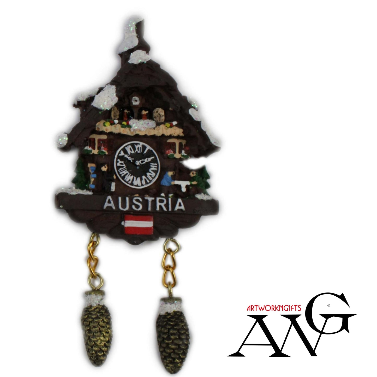 Magnet Winter Kuckucksuhr "Austria" mit Zapfenpendel H: 11cm 3fach sortiert
