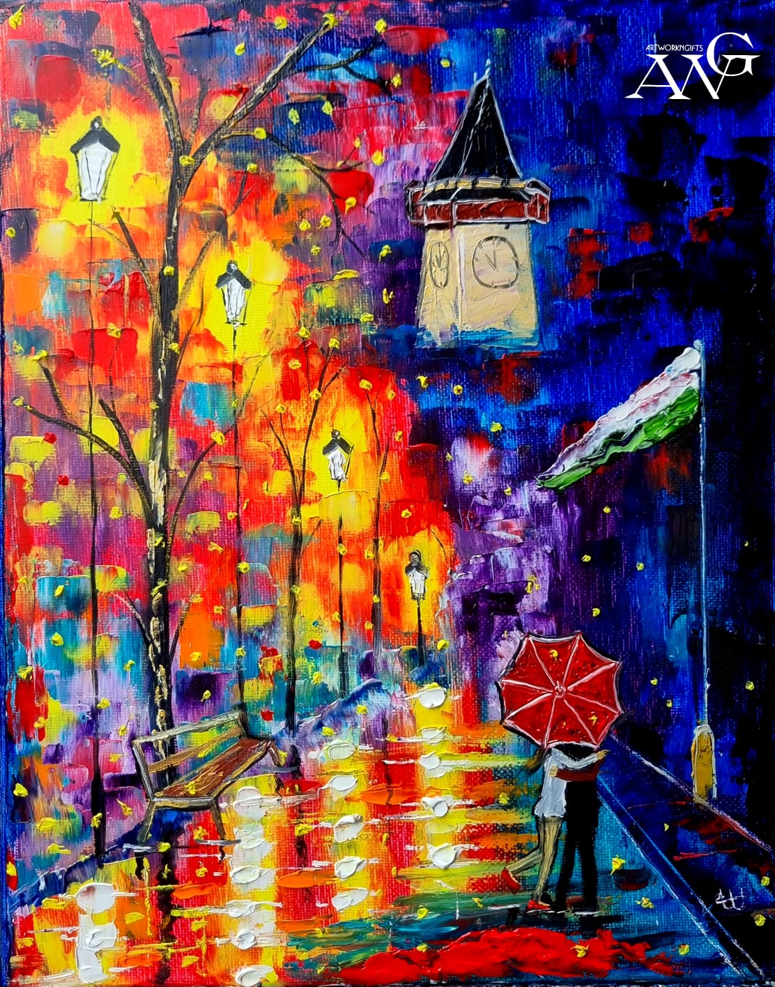 One more romantic evening 2 in Graz Austria at clock tower oil painting on canvas