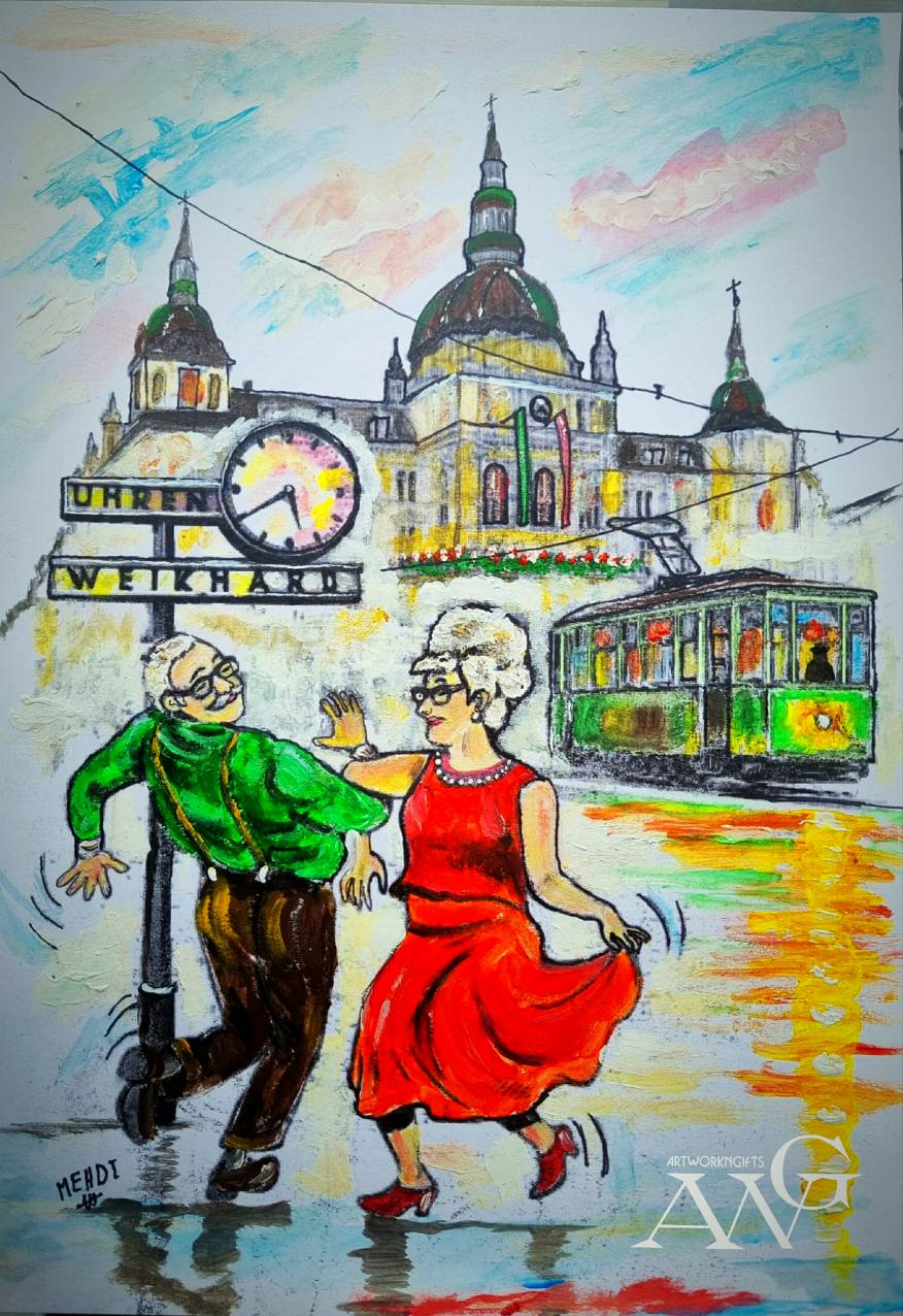 Romantic old Couple dancing in Graz Austria nearby Weikharduhr Original handmade unique painting