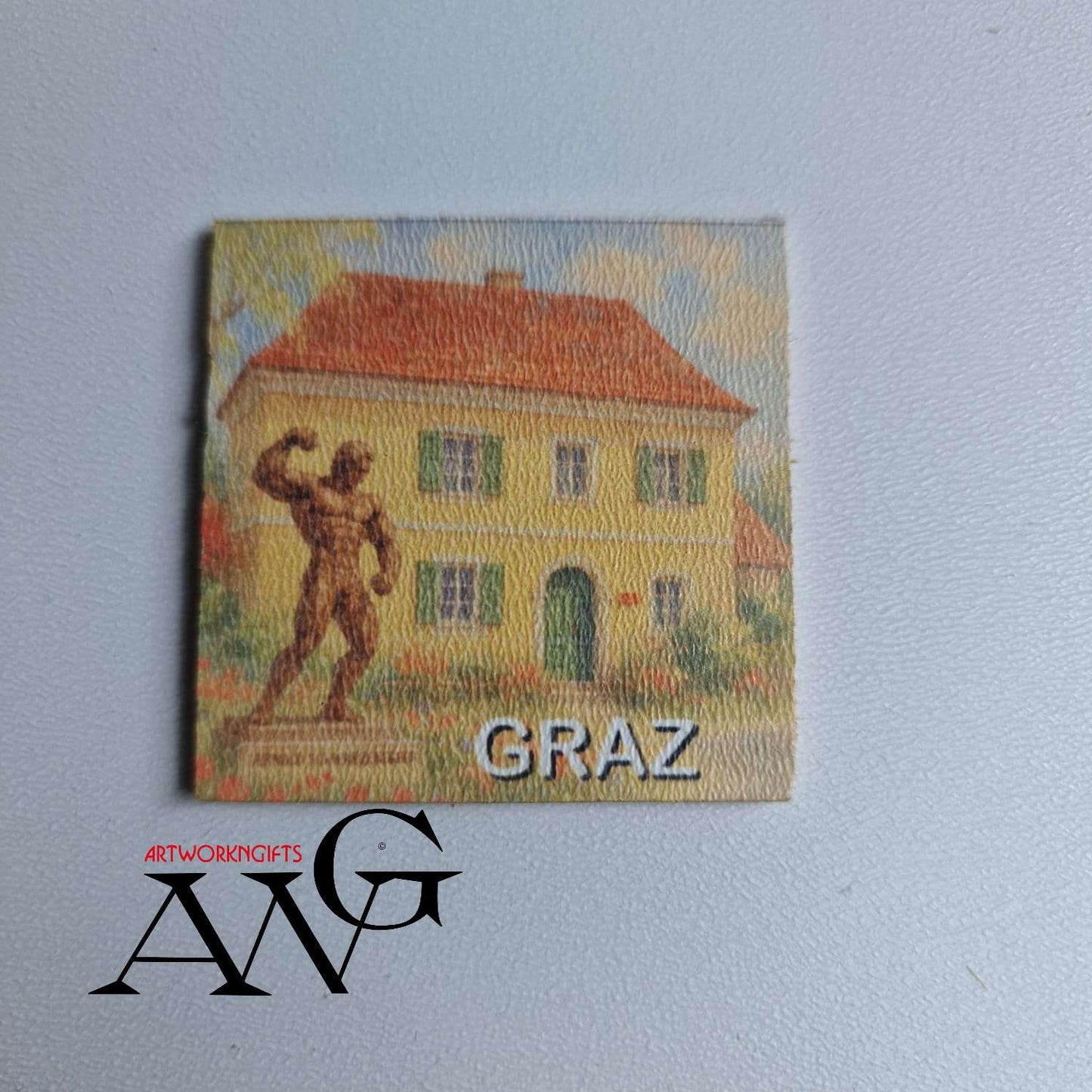 Arnold Schwarzenegger Museum Graz Austria Handmade wooden fridge magnet 5×5 cm