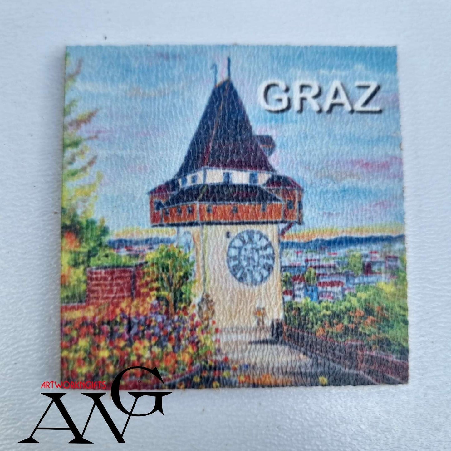 Graz Austria Uhrturm Handmade wooden fridge magnet 5×5 cm
