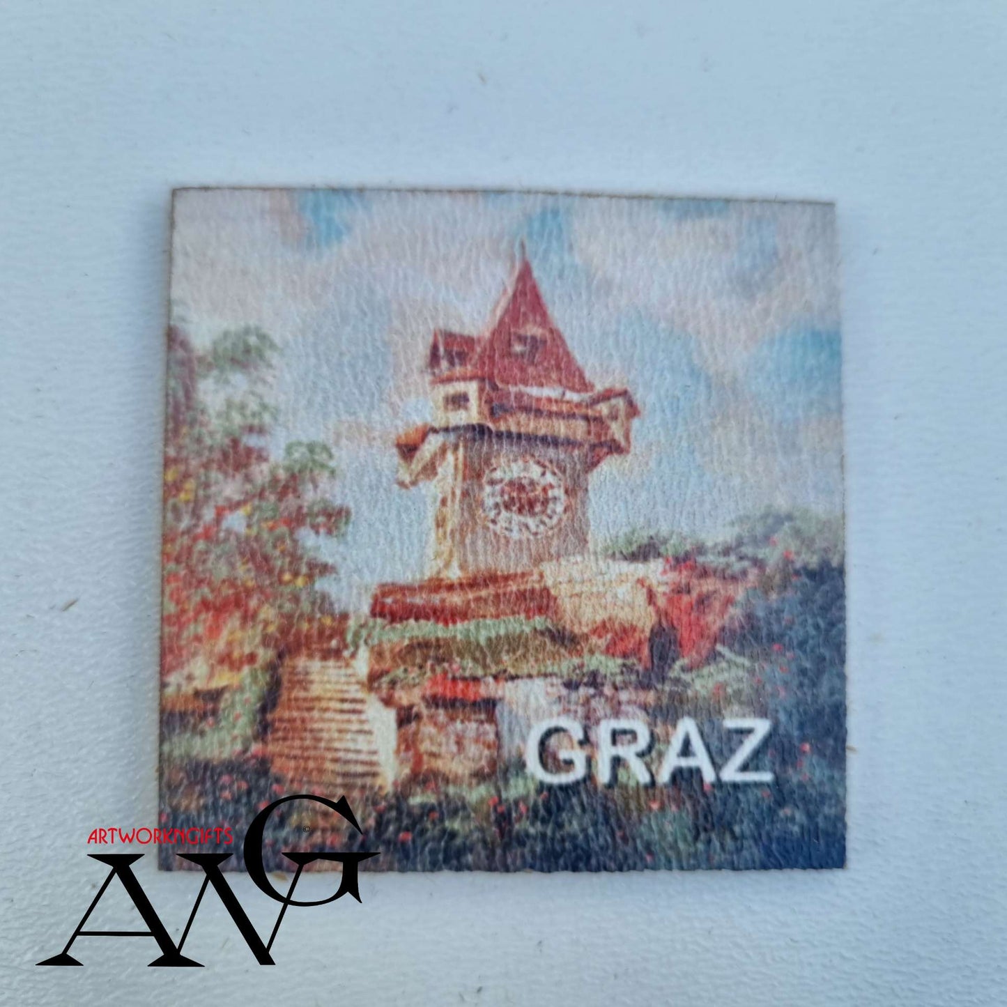Graz Austria Uhrturm Handmade wooden fridge magnet 5×5 cm