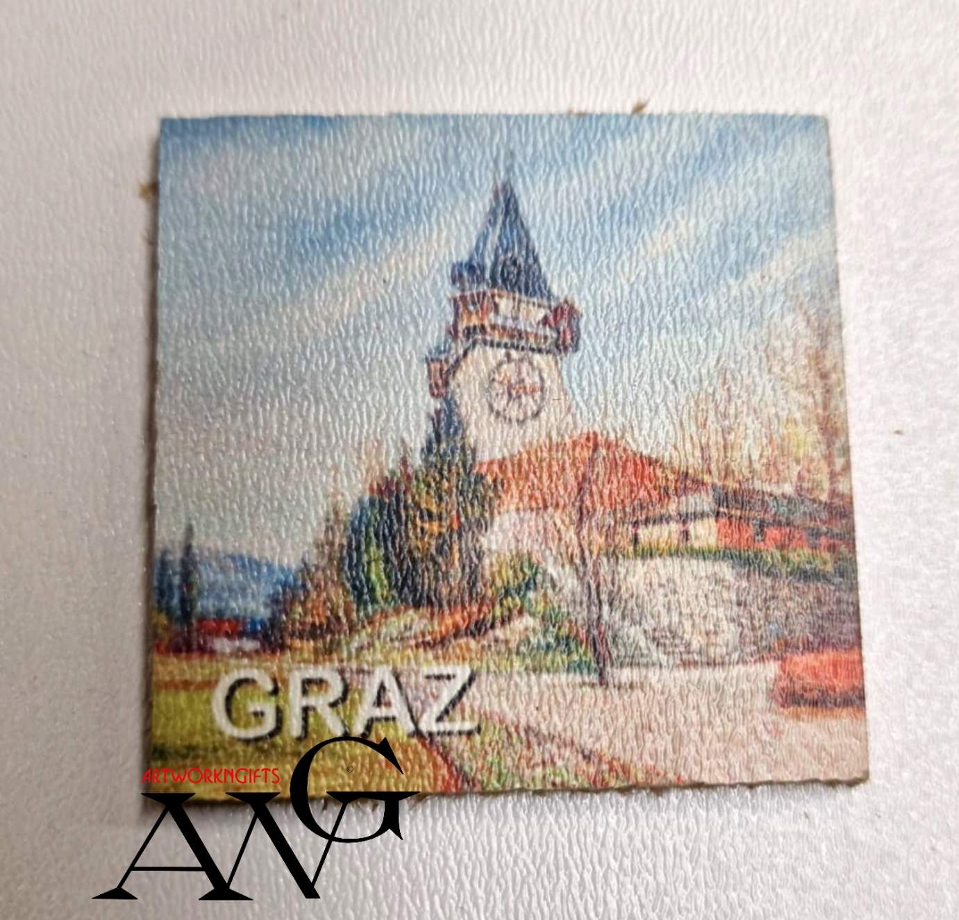 Graz Austria Uhrturm Handmade wooden fridge magnet 5×5 cm