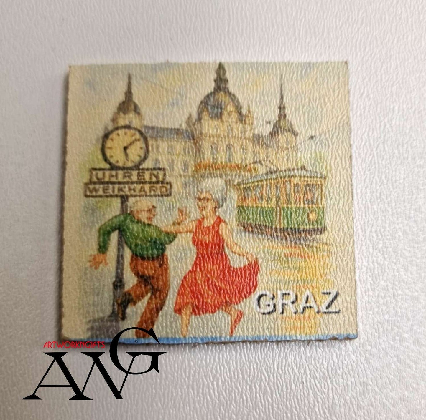 Granny dance at Weikhard Uhr Graz Austria Handmade wooden fridge magnet 5×5 cm