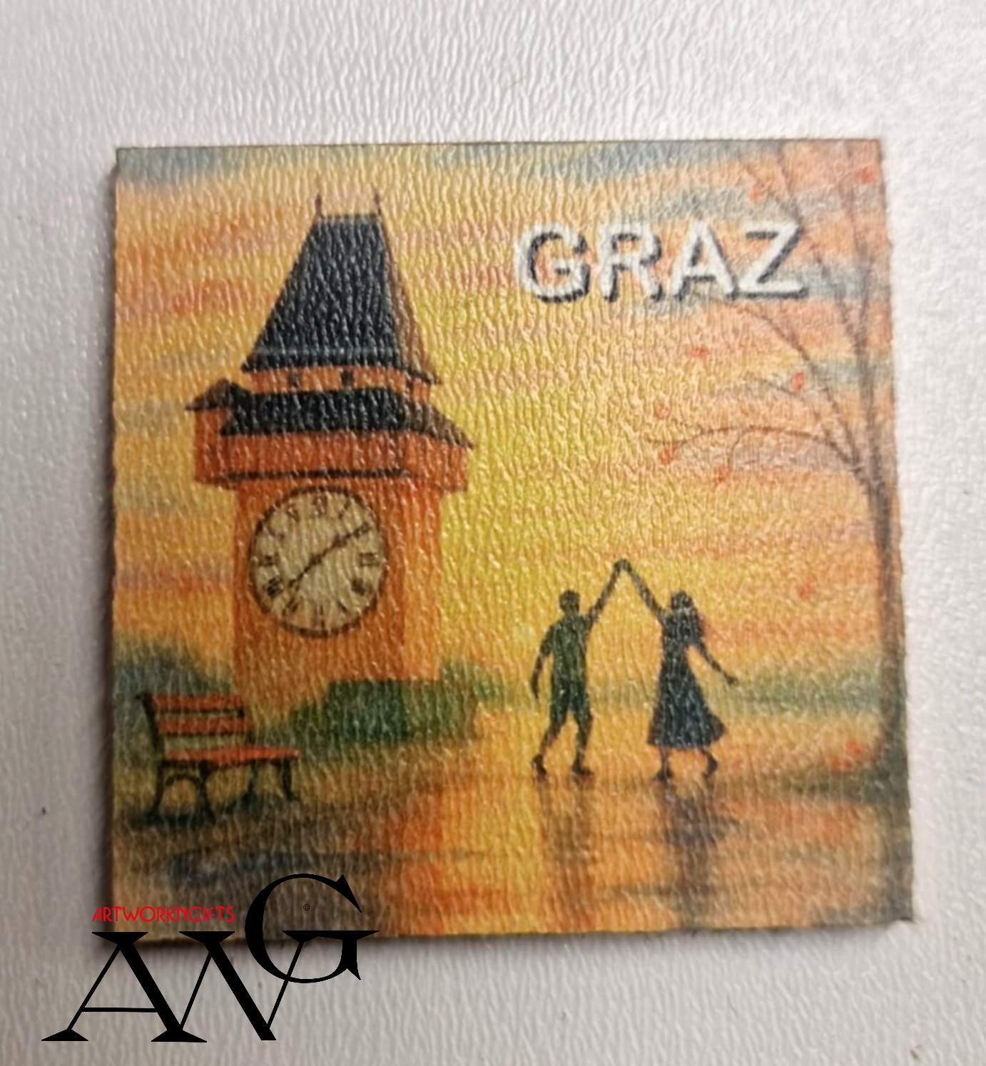 Graz Austria Uhrturm Handmade wooden fridge magnet 5×5 cm