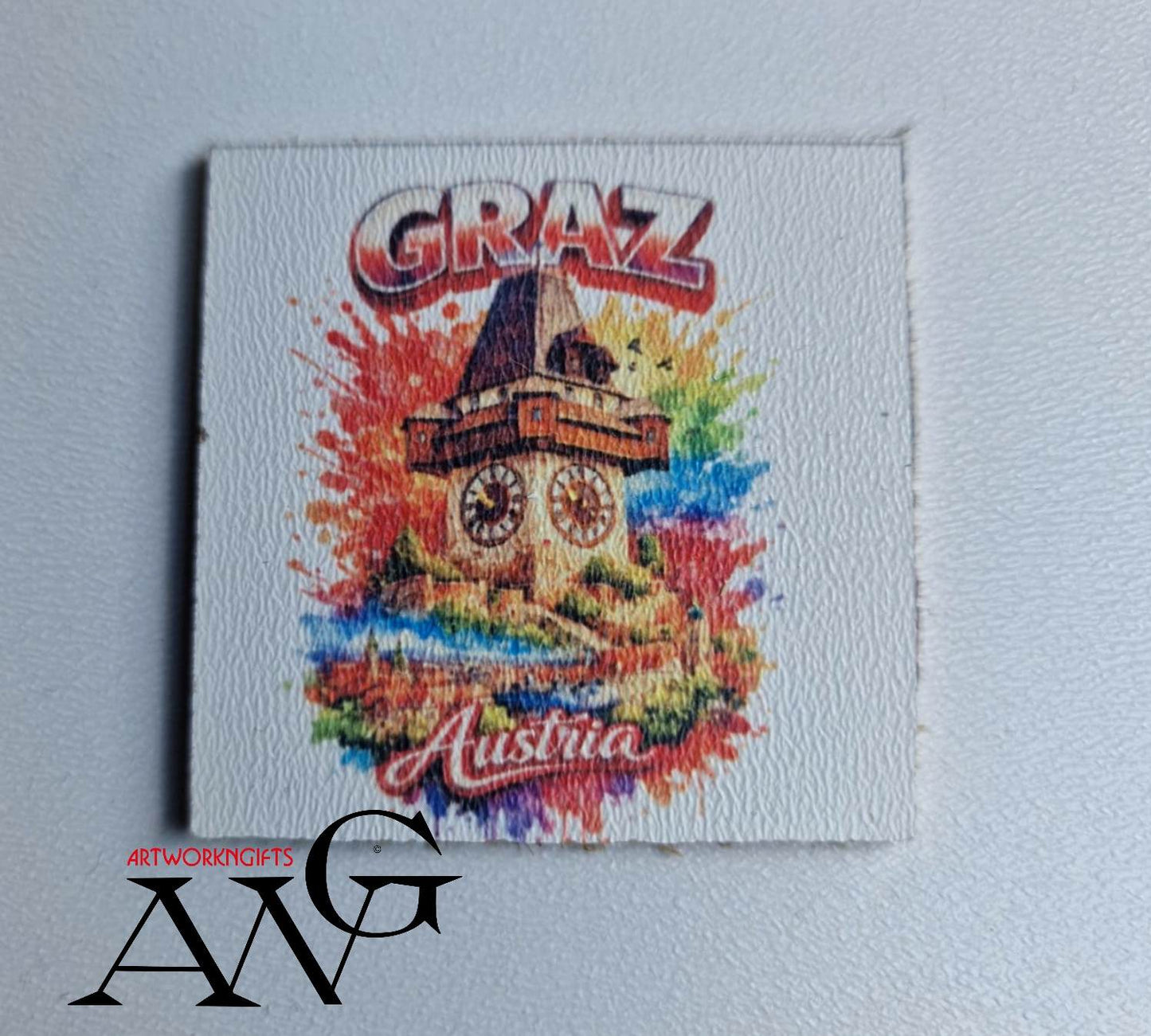 watercolor design of the iconic clock tower in Graz, Austria. Handmade wooden fridge magnet 5×5 cm