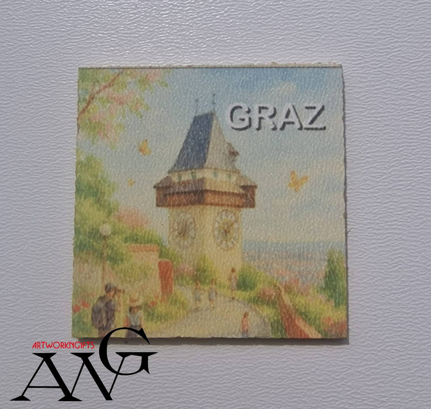 Graz Austria Uhrturm Handmade wooden fridge magnet 5×5 cm