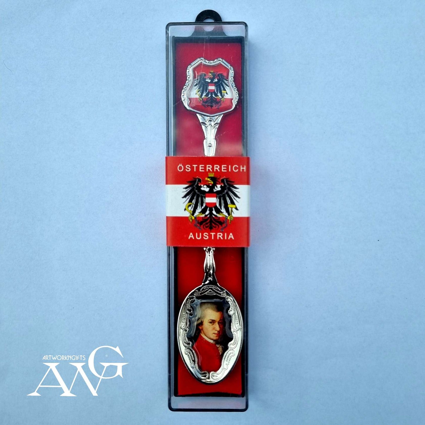 Zierlöffel Metall "Osterreich Wappen" und Epoxybild "Mozart", 13cm, Plastikbox
