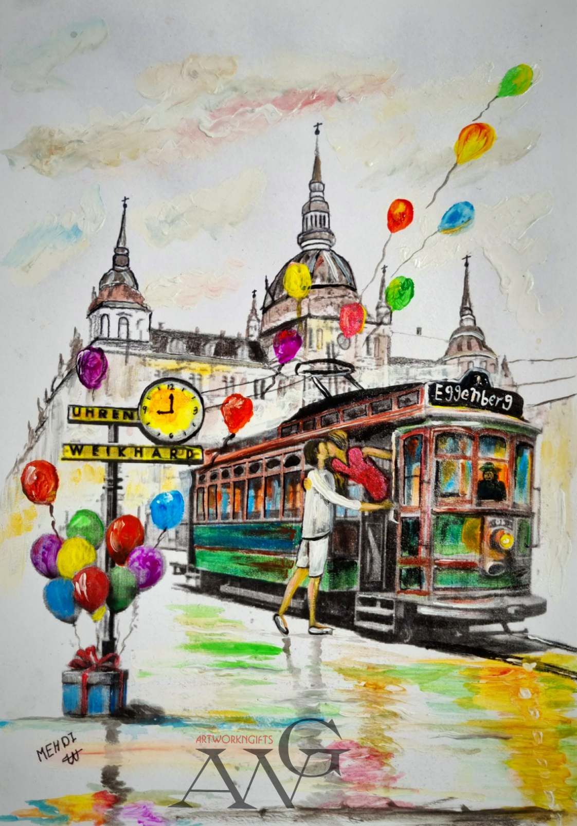 Romantic Couple Kissing Beside Classic Green Tram in Graz nearby Weikharduhr Austria Original handmade unique painting