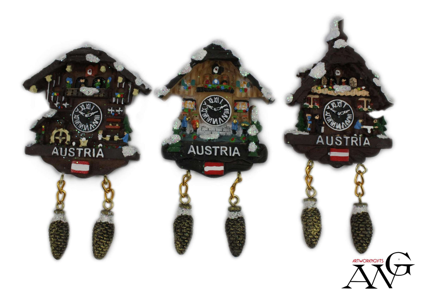 Magnet Winter Kuckucksuhr "Austria" mit Zapfenpendel H: 11cm 3fach sortiert