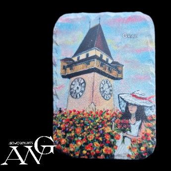 GRAZ Uhrturm mit Blumenmädchen fridge Magnet ceramic stone