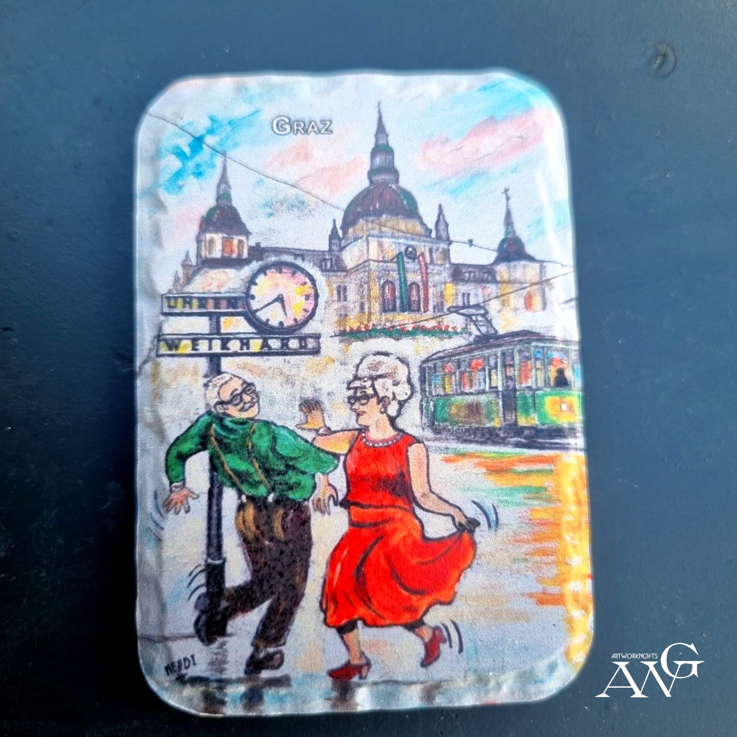 GRAZ .Oma & Opa Tanz bei der Weikhard.Uhr fridge Magnet ceramic stone