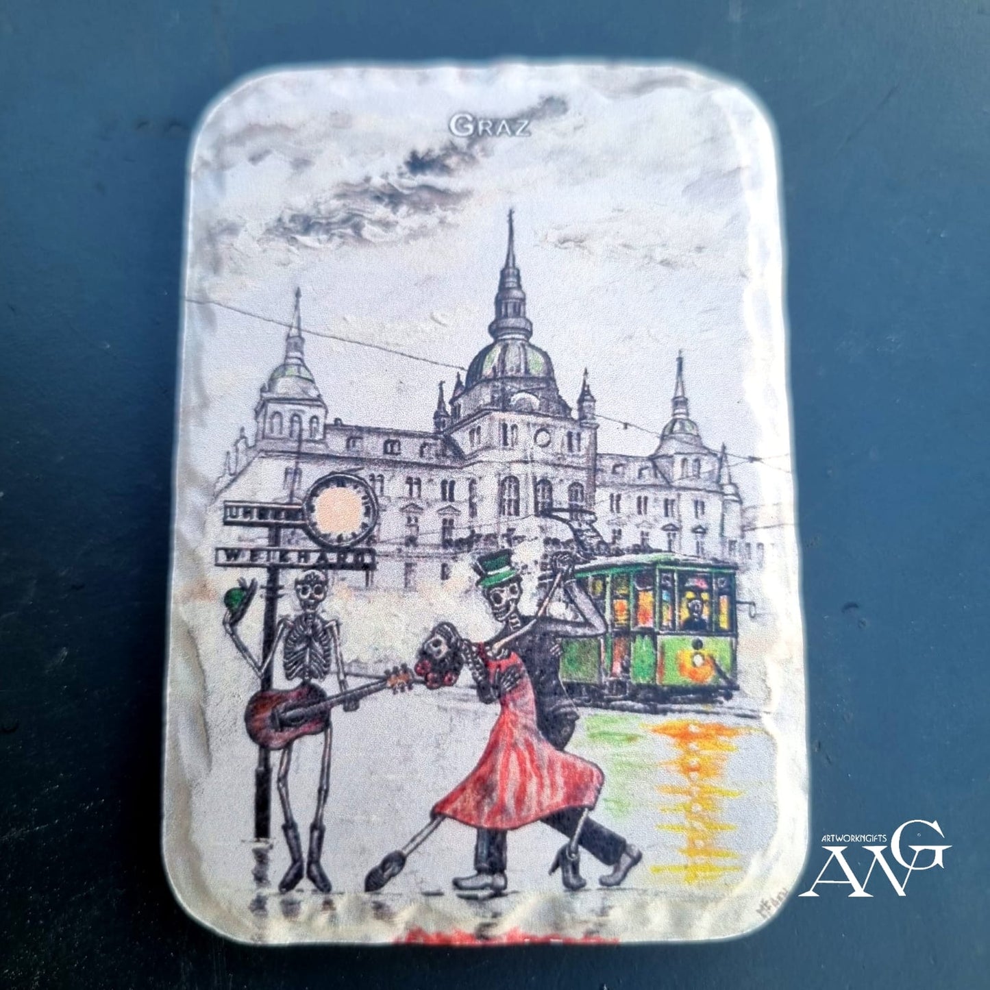 GRAZ.Skelette .Tanz bei der Weikhard.Uhr fridge Magnet ceramic stone