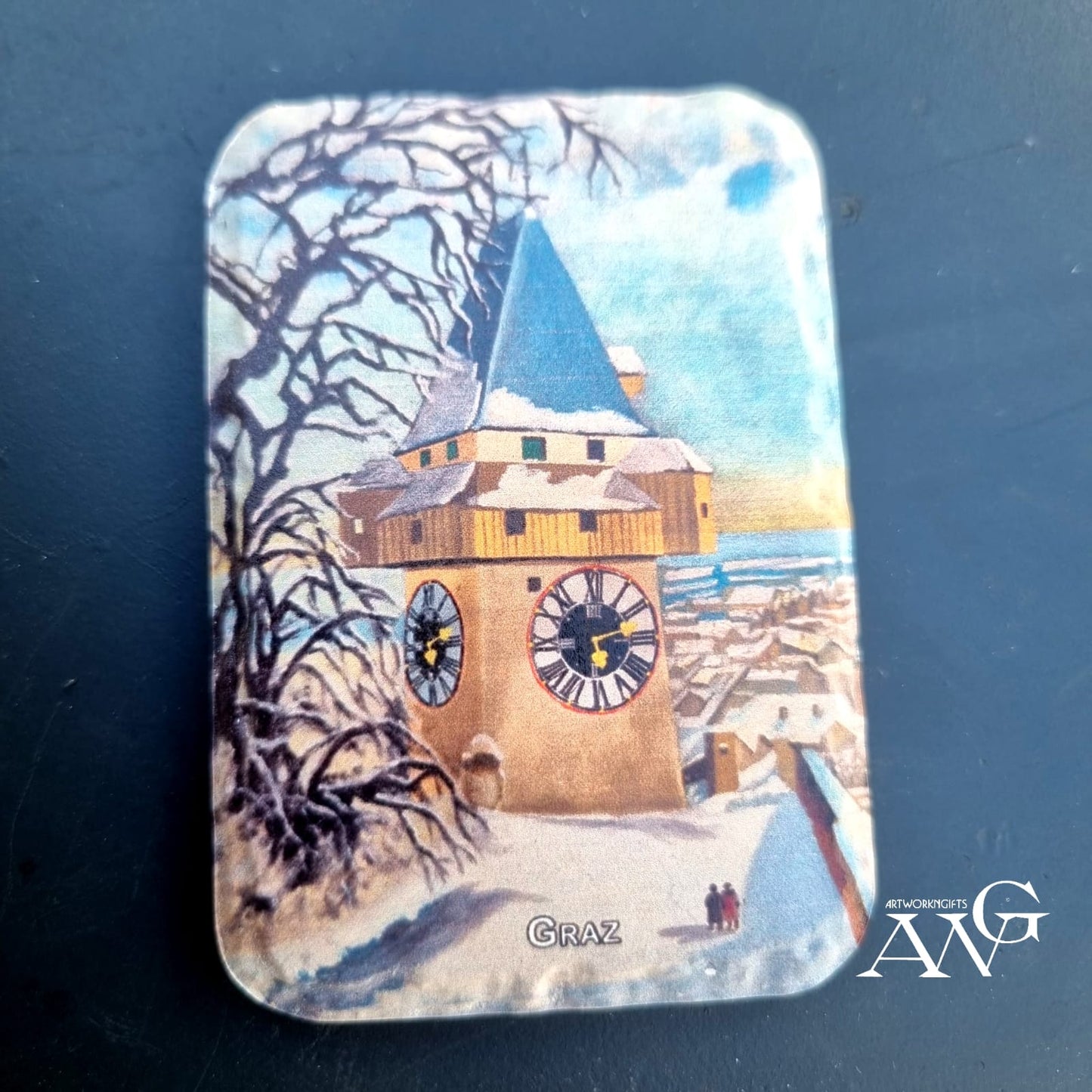 Uhrturm mit Blick über Graz im Winter fridge Magnet ceramic
