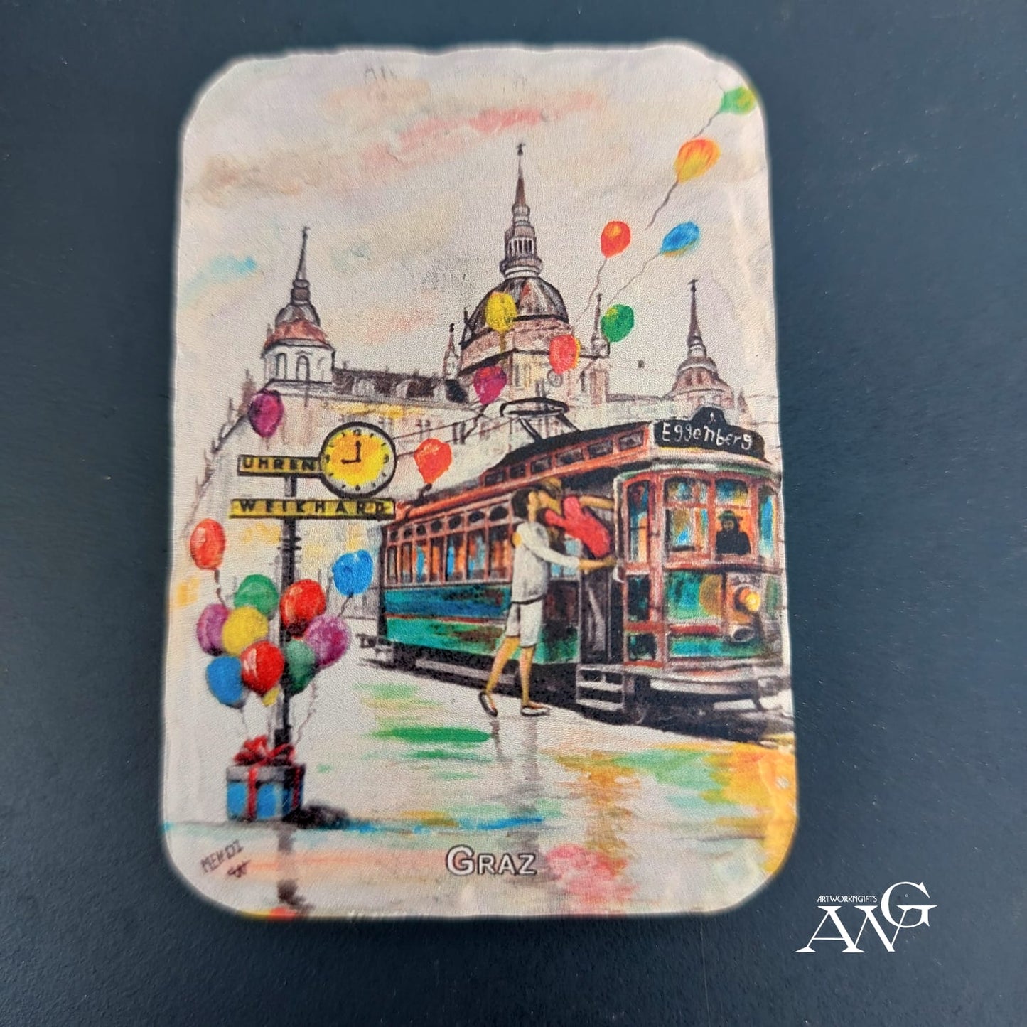 Romantic Couple Kissing Beside Classic Green Tram in Graz nearby Weikharduhr Austria fridge Magnet ceramic stone
