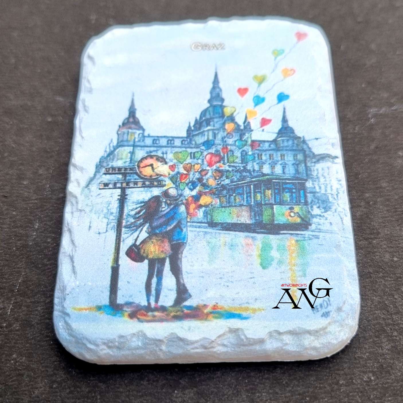 GRAZ Hauptplaz .Weikhard .Uhr mit Herzballons fridge Magnet ceramic stone