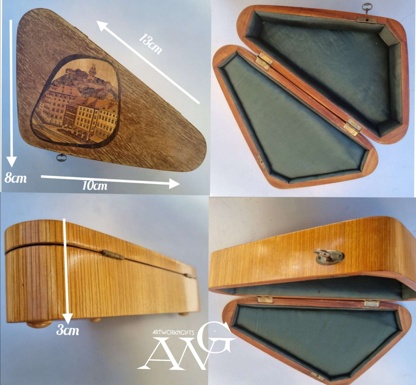 Antique, asymmetrically curved wooden box, lovingly handcrafted with detailed inlay carving, motif of the main square of Graz with a view of the clock tower. Interior with shimmering dark green satin upholstery. Functioning lockable lock