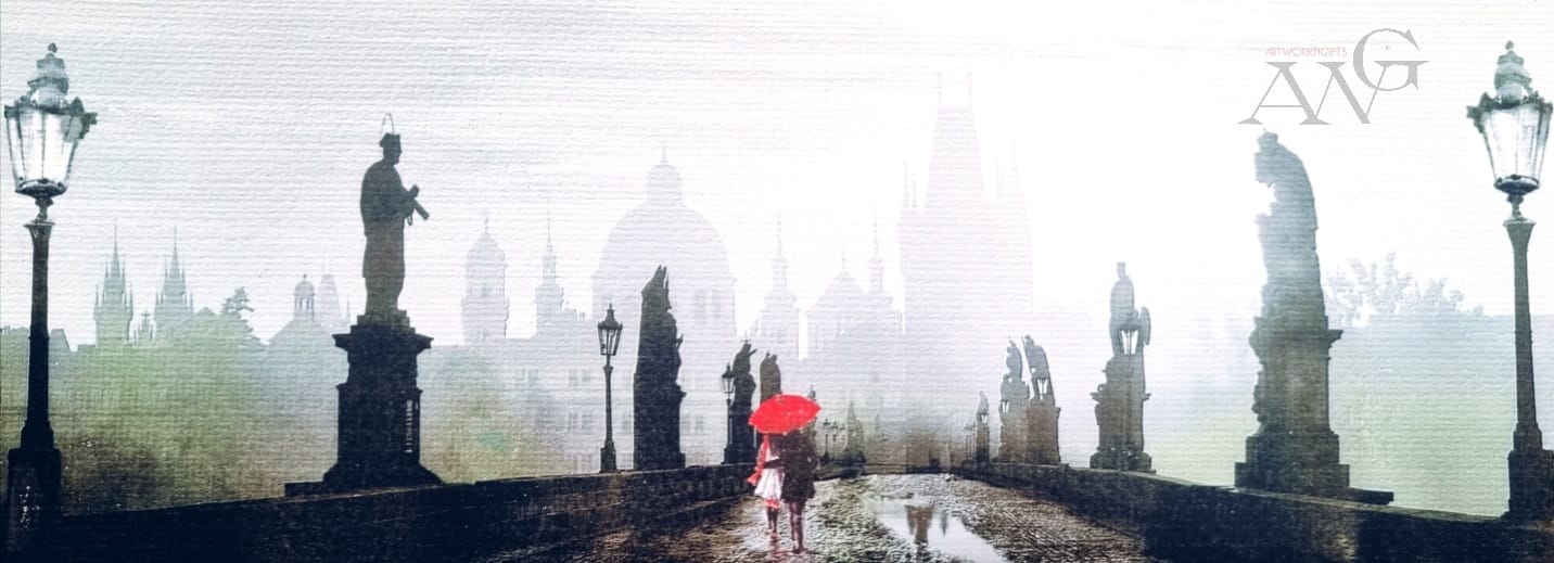 Prague City romantic watercolour painting on paper