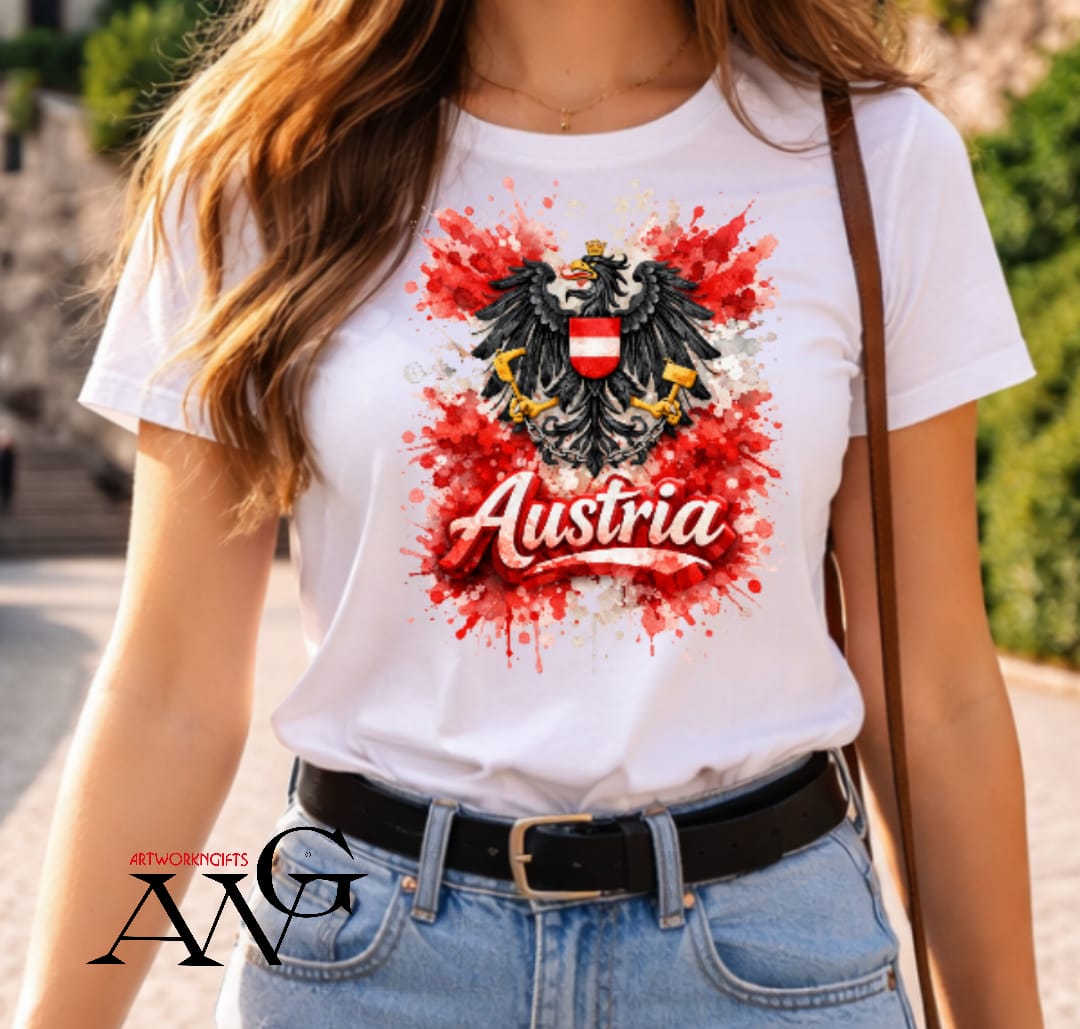 Austria souvenir t-shirt , Man & women t-shirt featuring the Austrian coat of arms eagle and "Austria" text graphic., 100% cotton, size S,M,L,XL,XXL