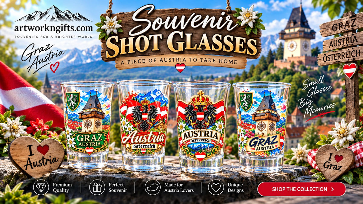 Graz Austria Souvenir Shot Glass – Uhrturm &amp; Styrian Crest Design – 40 ml