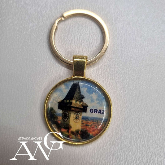 Graz Austria Uhrturm Handmade necklace keychain 25 mm gold