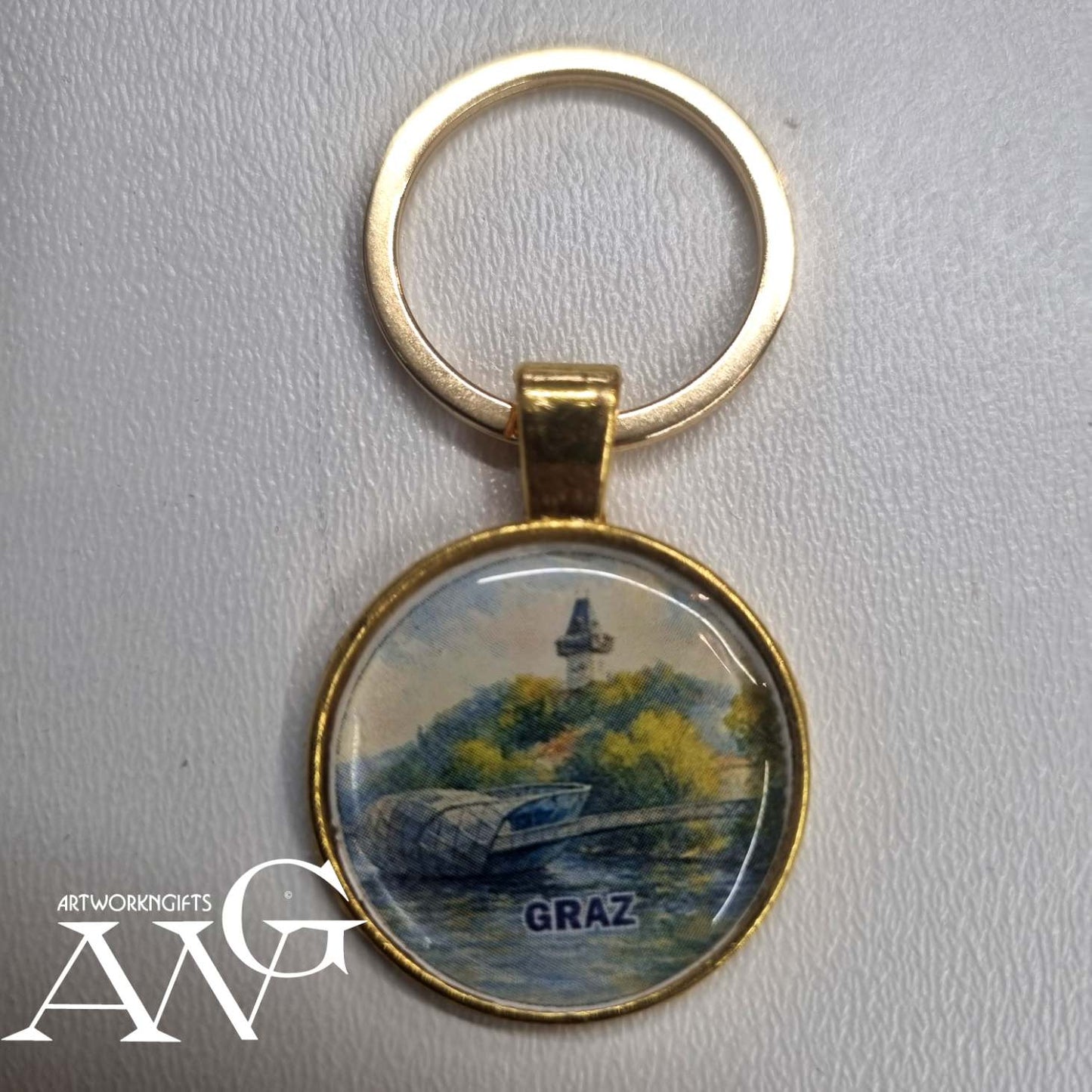 Graz Austria Uhrturm Handmade necklace keychain 25 mm gold