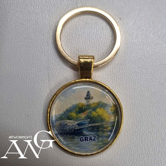 Graz Austria Uhrturm Handmade necklace keychain 25 mm gold