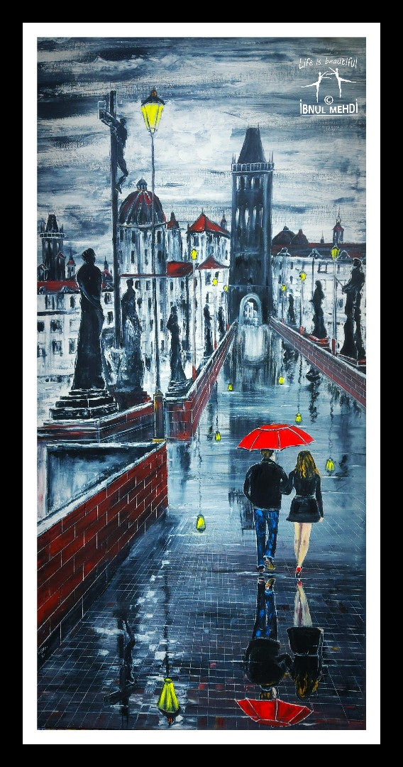 Romantic walk in the rain on the Charles bridge prauge