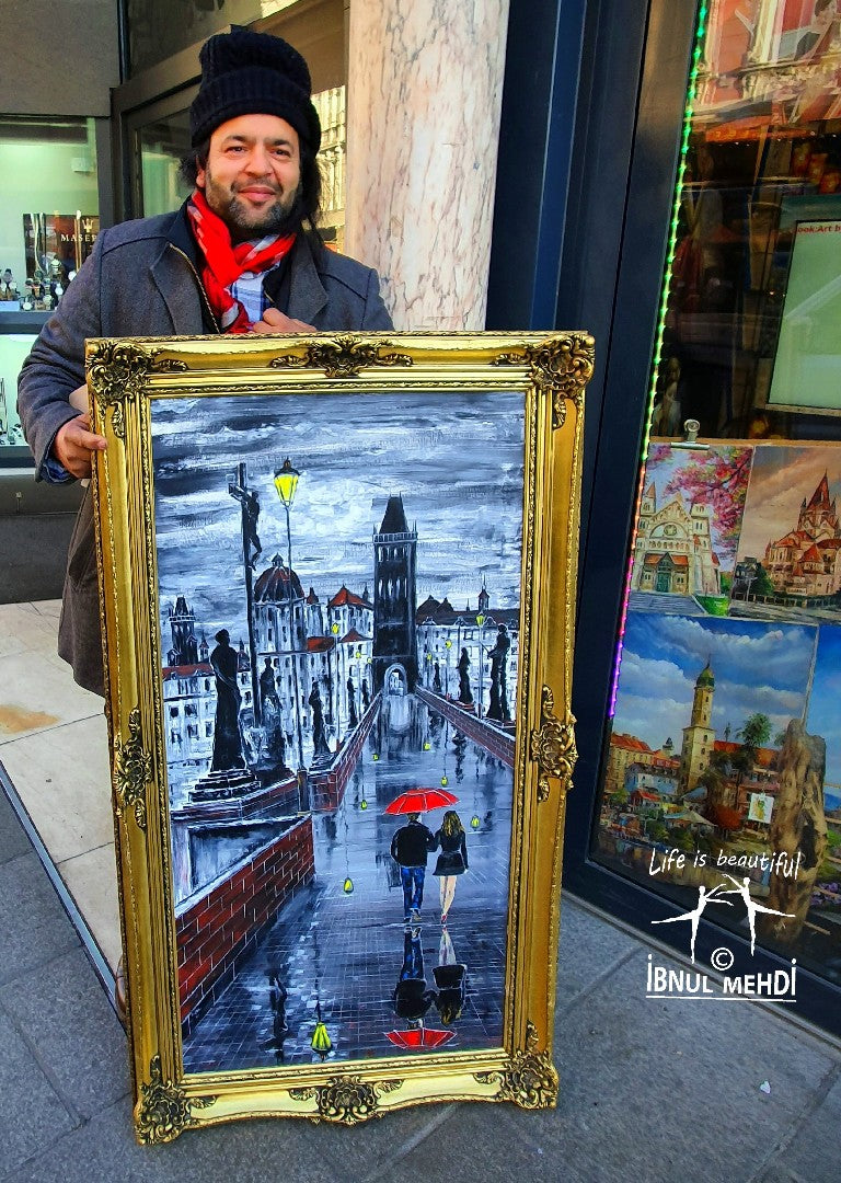 Romantic walk in the rain on the Charles bridge prauge