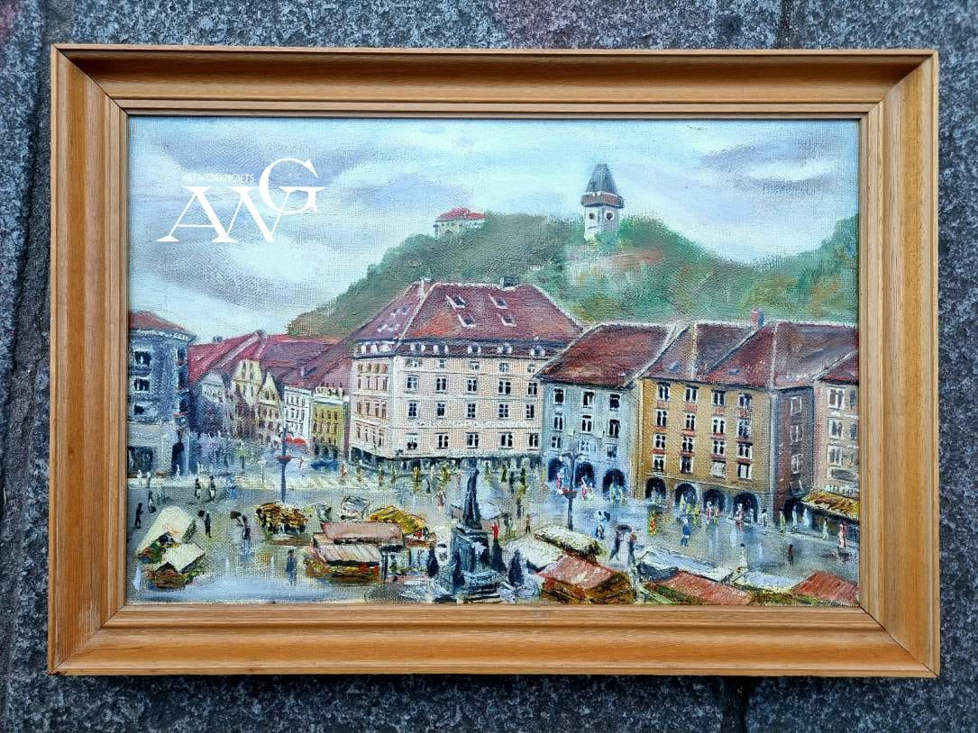 Antique oil painting Graz Austria main square with view of the clock tower