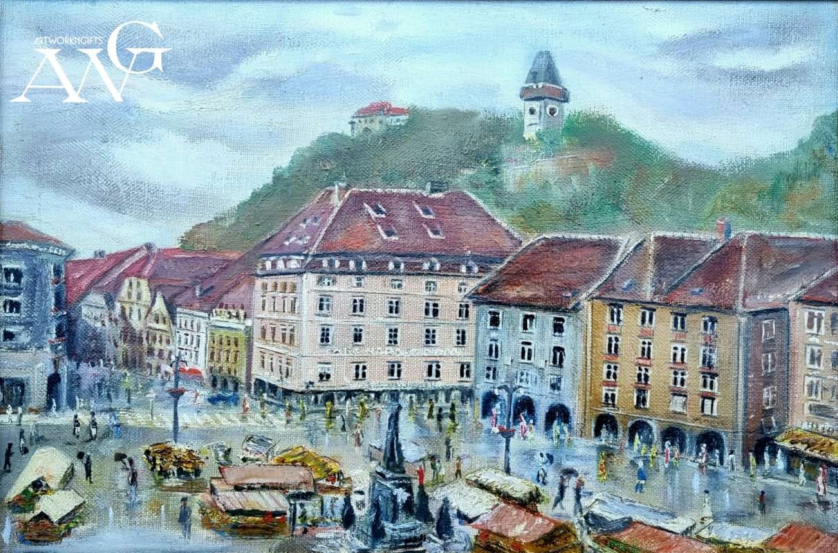 Antique oil painting Graz Austria main square with view of the clock tower