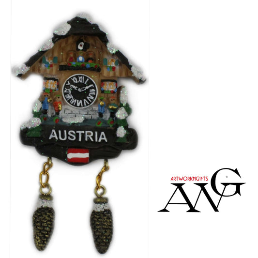 Magnet Winter Kuckucksuhr "Austria" mit Zapfenpendel H: 11cm 3fach sortiert