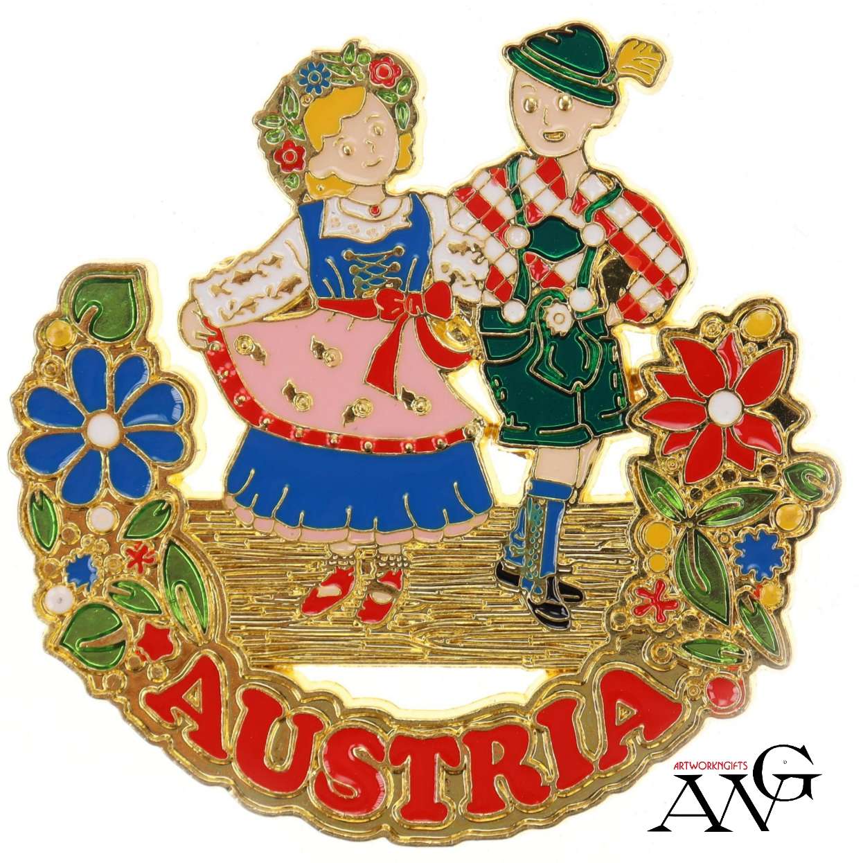 Magnet Metall gold "Austria" mit Trachtenpaar, 5cm