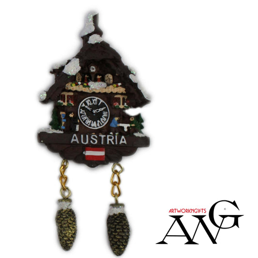 Magnet Winter Kuckucksuhr "Austria" mit Zapfenpendel H: 11cm 3fach sortiert