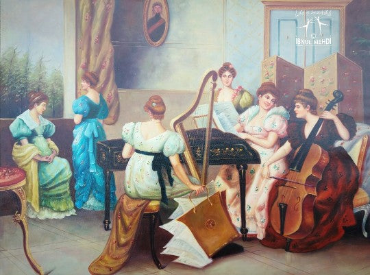 Baroque Oil Painting Ladies Playing Music