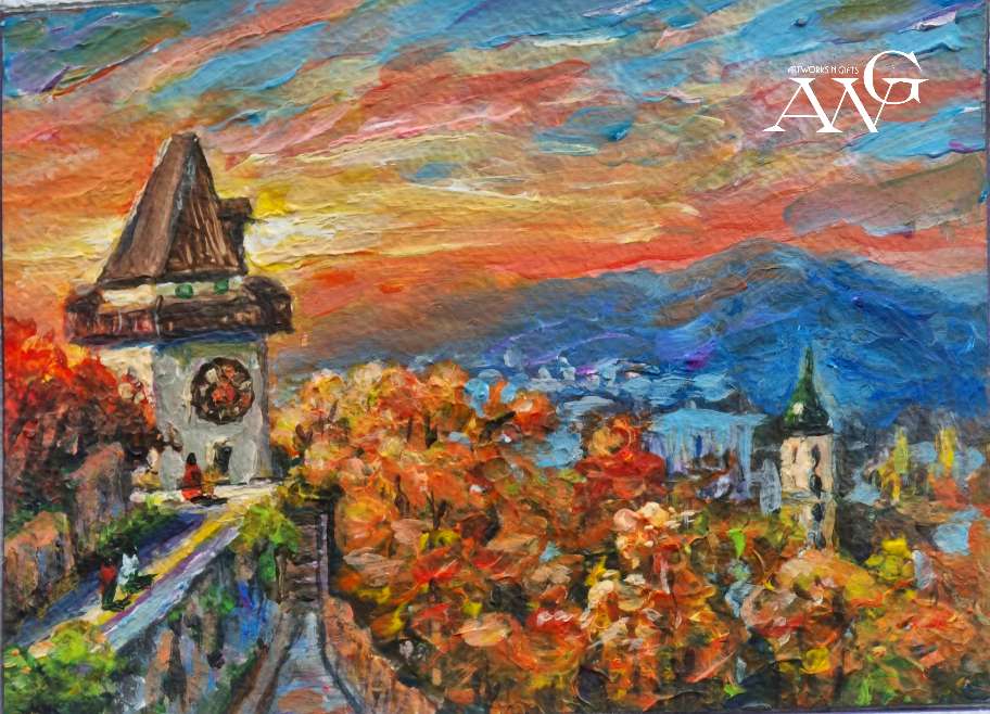 Unique art work original painting from Graz clock tower