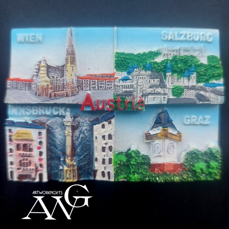 Austria 4 in one 3d frige magnet Wien - Salzburg - Innsbruck -Graz ,, 7×5 cm
