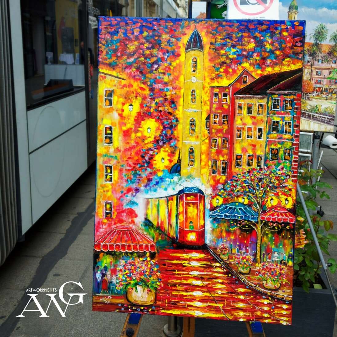 Graz old city Südtirolerplatz Nr.100 painting with colourful Morden Art paletteknife oil painting on canvas unique piece