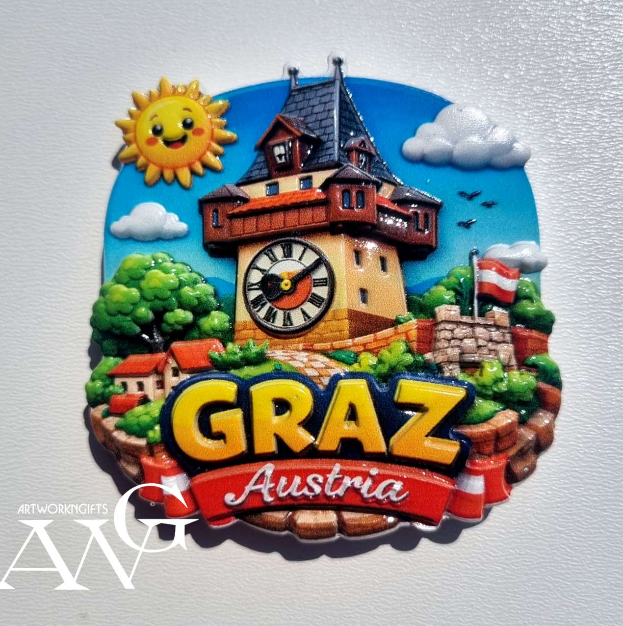 Graz Austria Uhrturm 3D resin magnet  measures 7 cm Design: Features a vibrant, cartoon-style representation of the landmark with a smiling sun in the blue sky.