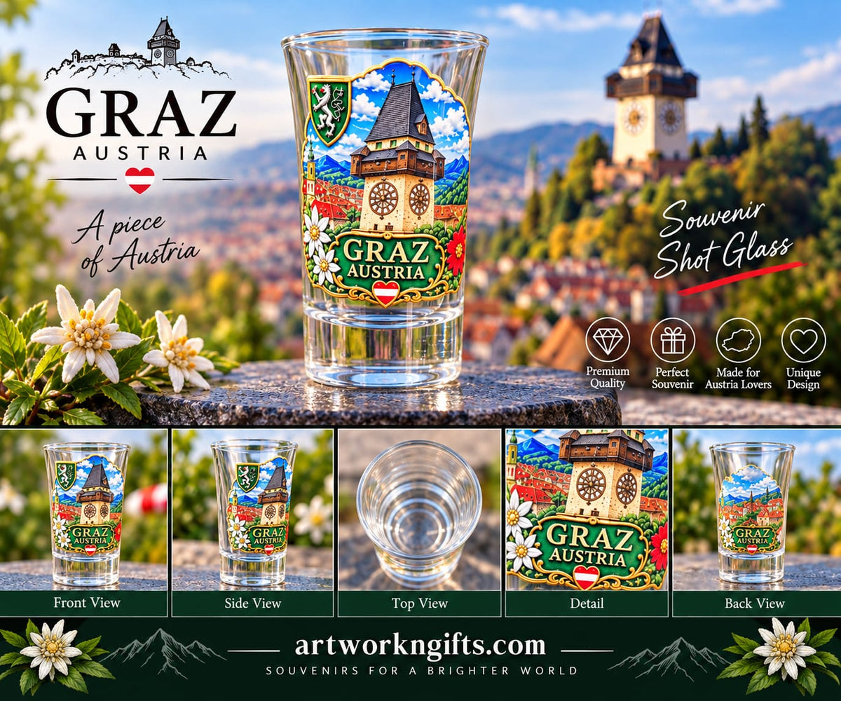 Graz Austria Souvenir Shot Glass – Uhrturm & Styrian Crest Design – 40 ml