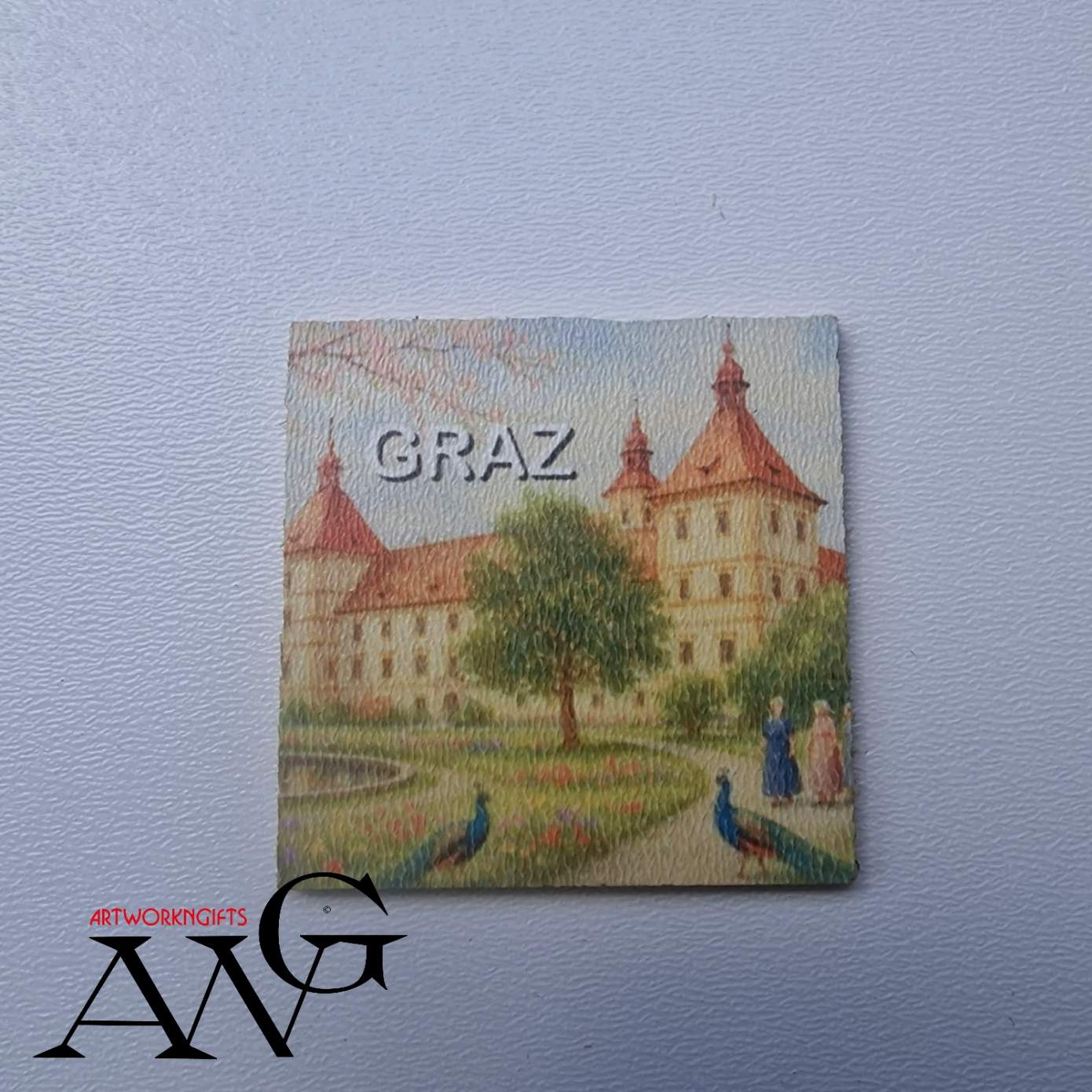 Graz Austria  Schloss Eggenberg Handmade wooden fridge magnet 5×5 cm