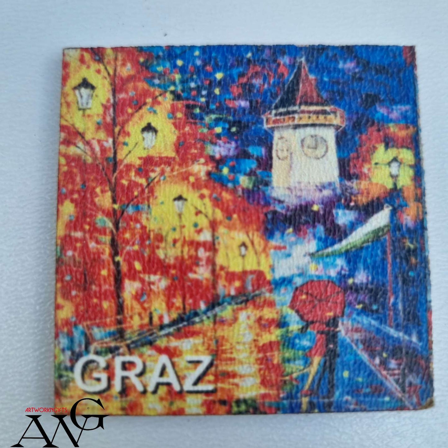 Graz Austria  Uhrturm Handmade wooden fridge magnet 5×5 cm