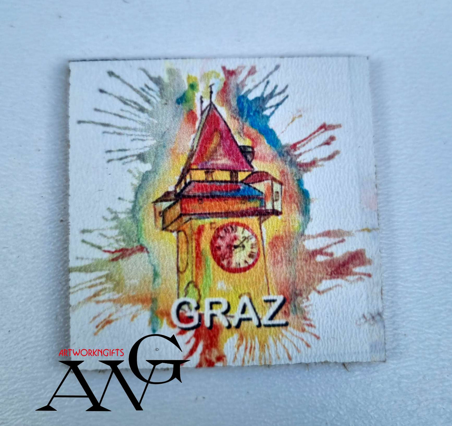 Graz Austria  Uhrturm Handmade wooden fridge magnet 5×5 cm