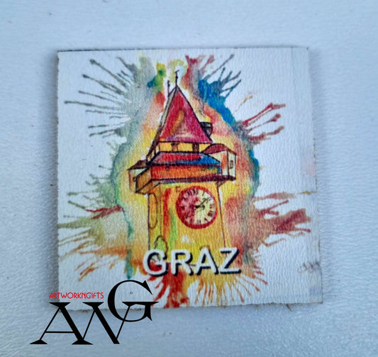 Graz Austria  Uhrturm Handmade wooden fridge magnet 5×5 cm