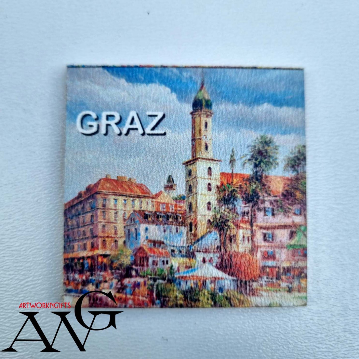 Graz Austria Franziskanerplatz Handmade wooden fridge magnet 5×5 cm