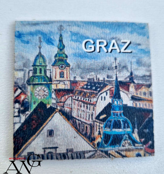 Graz Austria Handmade wooden fridge magnet 5×5 cm